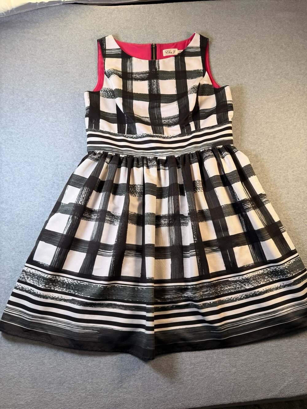 Eliza J Black & White Windowpane Check Plaid Faille Fit and Flare Dress Size 14